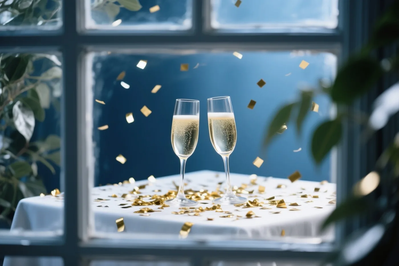 Door een raam met groen eromheen zijn twee champagneglazen met bruisende drank te zien op een wit tafelkleed met gouden confetti.