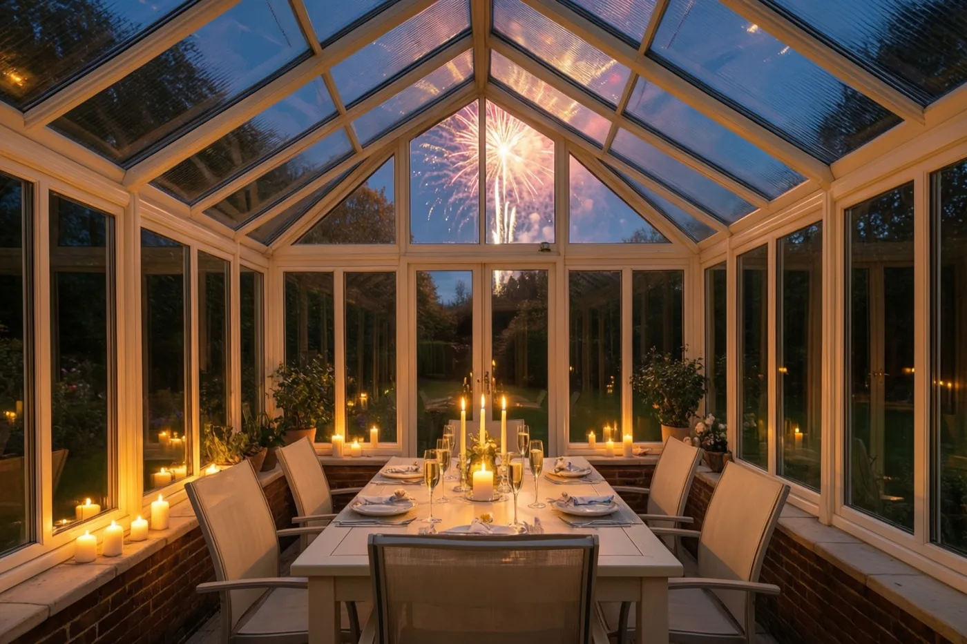 Een lange eettafel met champagneglazen wordt door kaarsen verlicht in een glazen veranda, met vuurwerk zichtbaar door het dak tegen de schemerlucht.