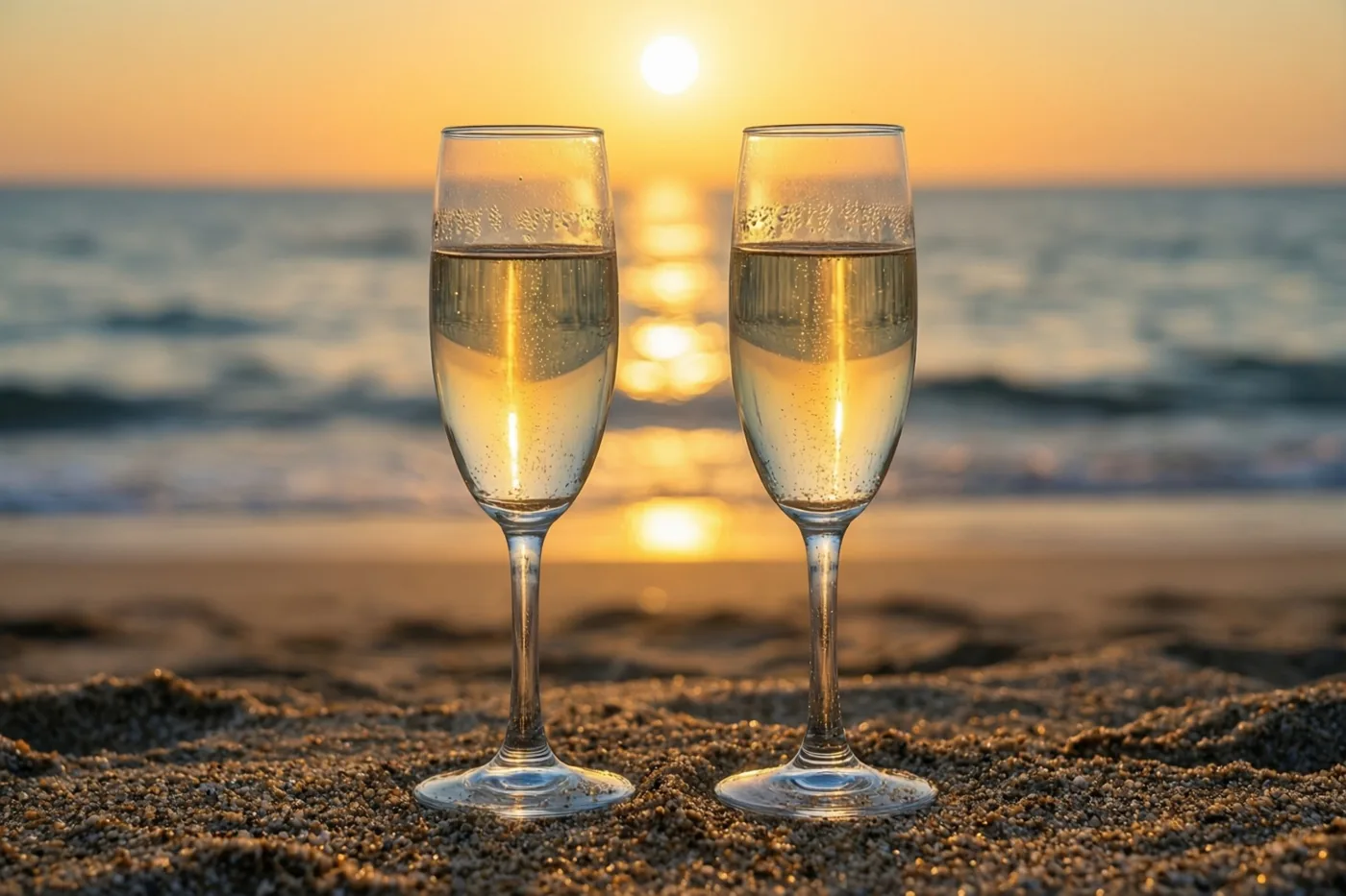 Twee champagneglazen met een bruisende drank staan in het zand, met de zee en een ondergaande zon in warme gouden en oranje tinten op de achtergrond.