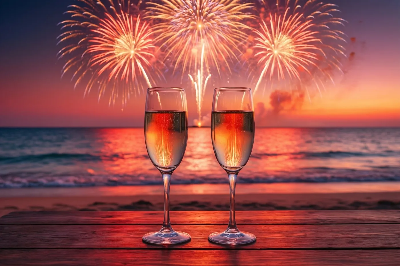 Twee champagneglazen staan op een houten tafel op het strand, met vuurwerk boven de zee en rood en oranje licht van de zonsondergang.