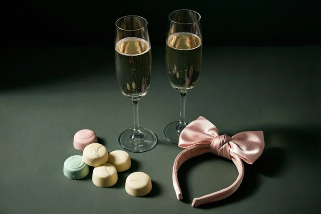 Twee champagneglazen met mousserende wijn staan naast witte chocoladepralines en een klein roze zijden babyhaarbandje op een donkergroene ondergrond.