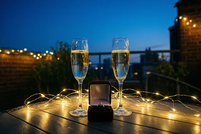 Twee champagneglazen en een open ringdoosje staan op een houten tafel op een dakterras, omringd door gele lichtslingers onder een diepblauwe avondhemel.