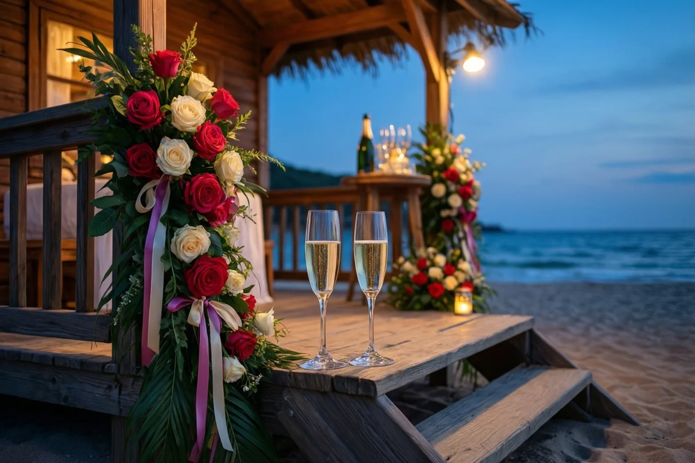 Twee champagneglazen staan op de houten trede van een strandhuisje met rode en witte rozen en linten, met de zee op de achtergrond in warm schemerlicht.