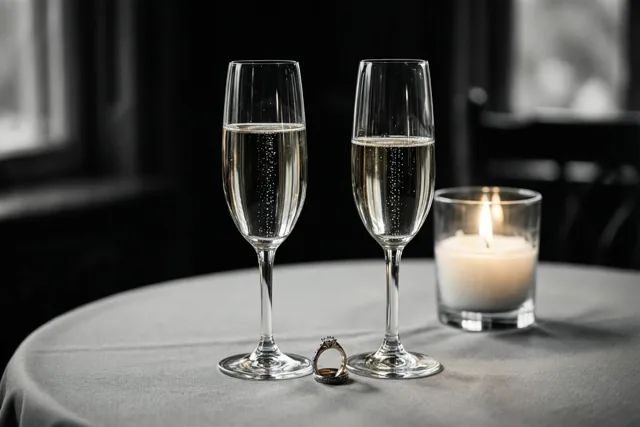 Twee champagneglazen met een bruisende drank staan op een grijs tafelkleed met een diamanten verlovingsring ertussen en rechts een brandende kaars in een glazen houder.