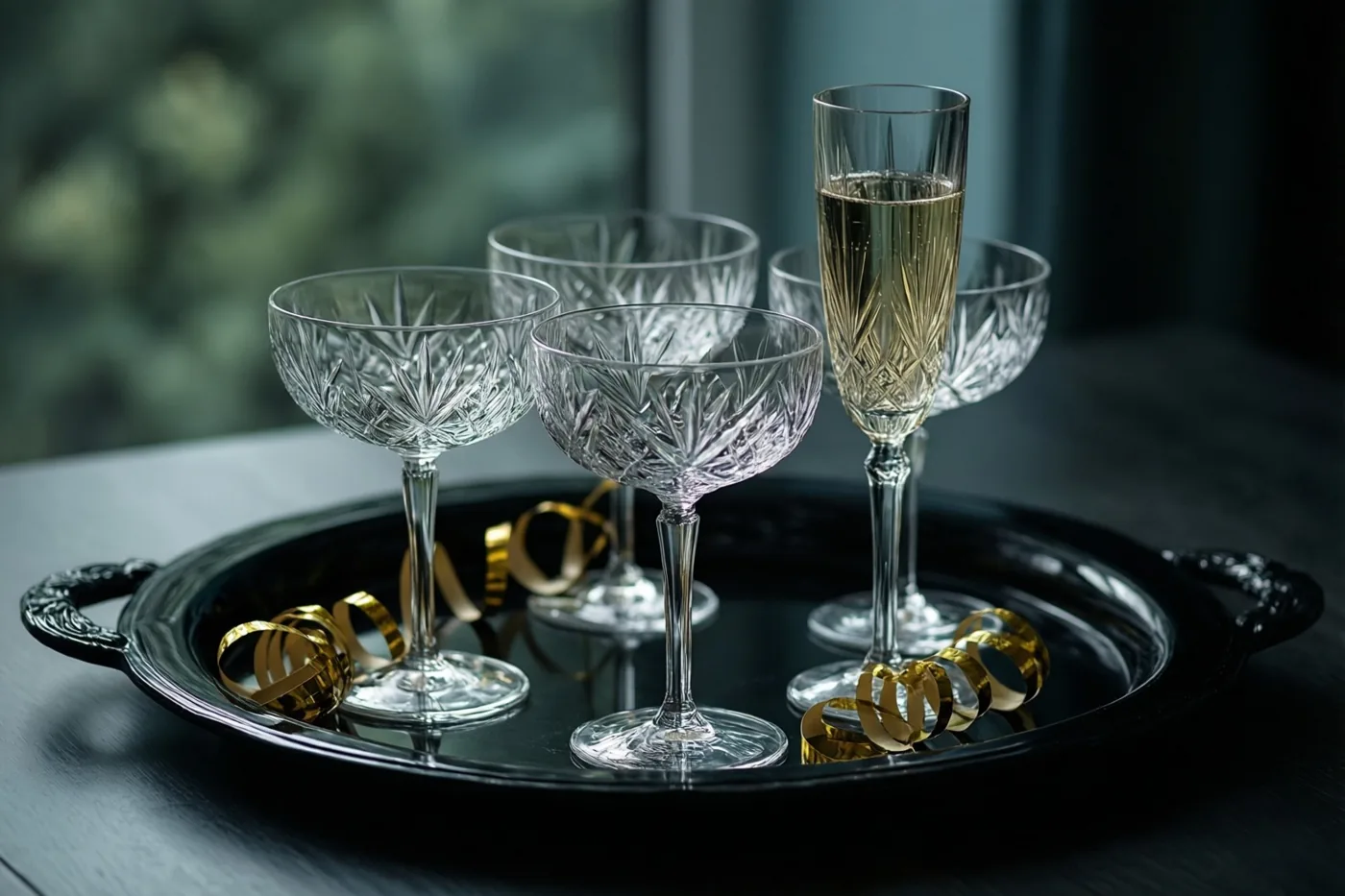 Op een zwart gelakt dienblad staan meerdere kristallen champagneglazen, waarvan één gevuld is met champagne, tussen gouden slingers, op een donkere ondergrond met een onscherpe groene achtergrond.