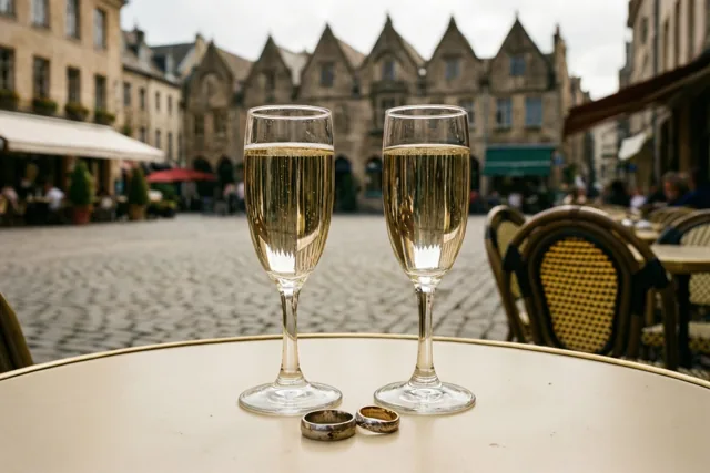 Twee champagneglazen en twee trouwringen staan en liggen op een ronde cafétafel op een plein met kasseien, met historische trapgevels op de achtergrond onder een bewolkte hemel.