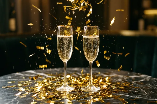 Twee champagneglazen met bruisende drank staan op een donkere marmeren tafel tussen vallende en verspreide gouden confetti tegen een donkere, onscherpe achtergrond.