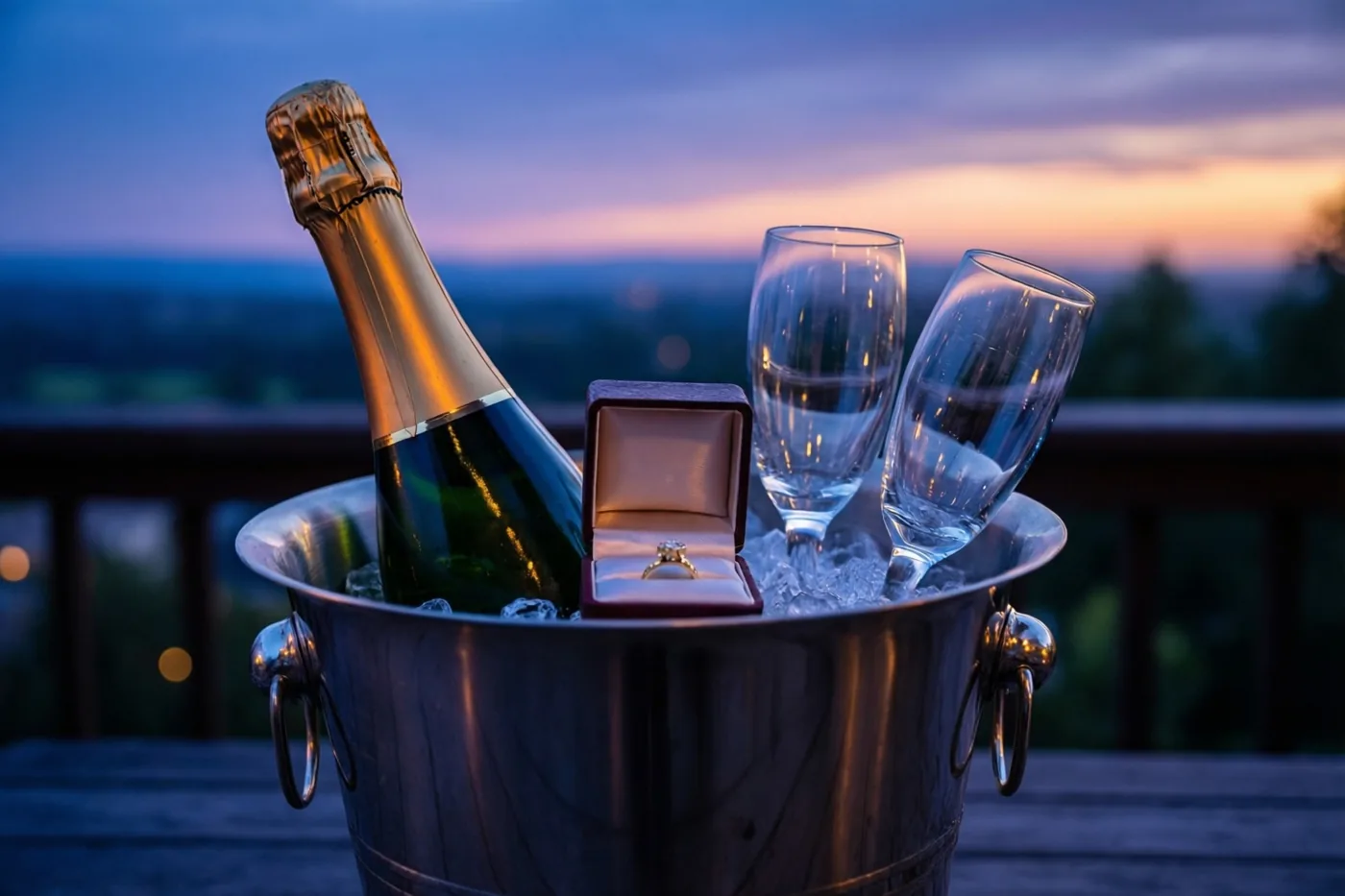 Een zilveren champagnekoeler met ijs, een fles champagne, twee champagneglazen en een open ringdoosje staat op een houten terras onder een schemerlucht in paars en oranje.