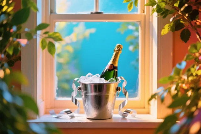 Een champagnefles in een ijsemmer staat tussen groen op een zonnige vensterbank, met een helderblauwe hemel door het raam.