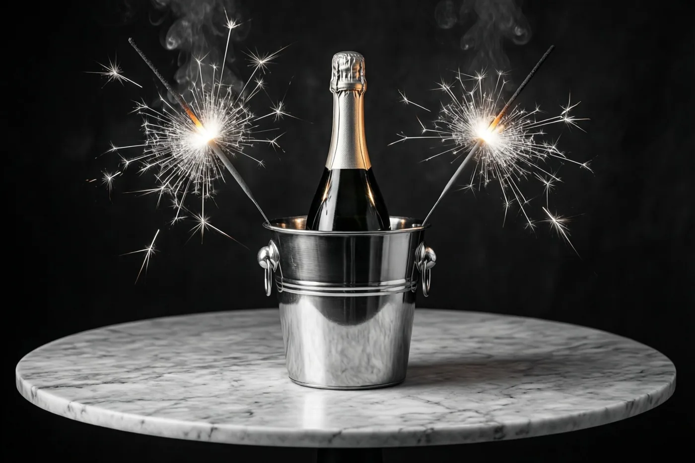 Een champagnefles staat in een zilveren emmer op een witmarmeren tafel, met aan weerszijden een brandend sterretje tegen een zwarte achtergrond.