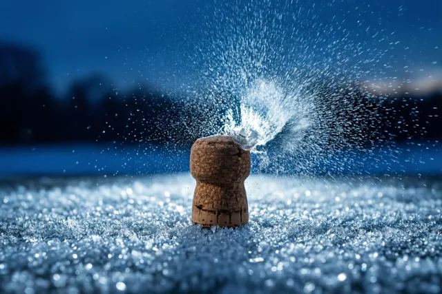 Een champagnekurk springt weg terwijl vloeistof in druppels uiteen spat tegen een blauwe achtergrond.