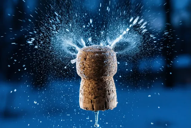 Een champagnekurk springt los met een wolk vloeistofdruppels die scherp in beeld hangt tegen een donkerblauwe achtergrond.