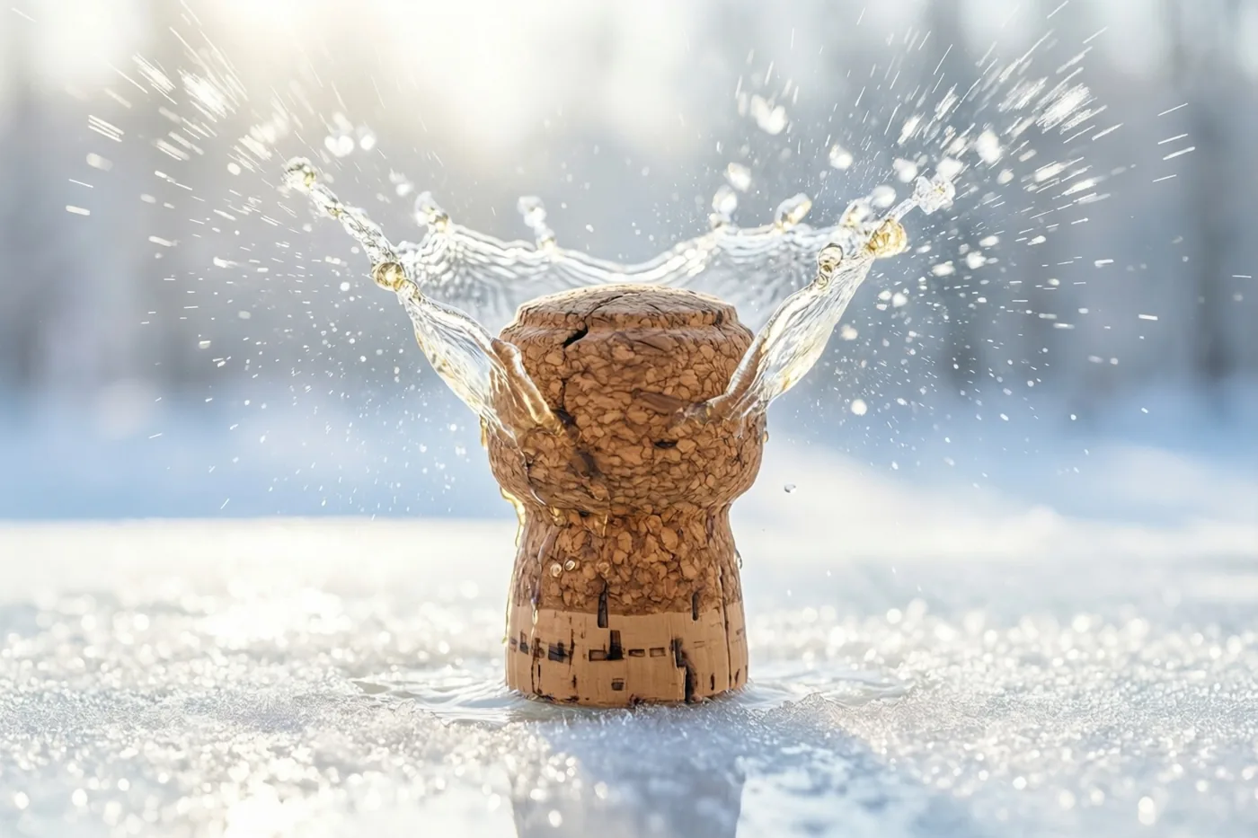 Een wegspringende champagnekurk met opspattende vloeistof is te zien tussen sneeuw en ijs in fel zonlicht met gouden accenten.