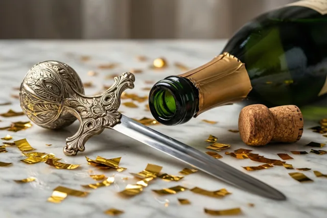 Een decoratieve champagnesabel ligt op wit marmer naast een geopende champagnefles, de kurk en verspreide gouden confetti.
