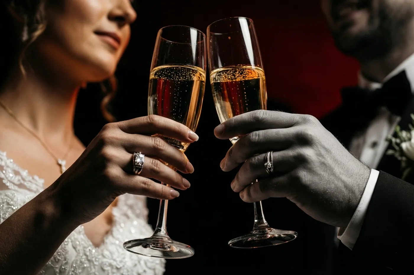 Twee handen met trouwringen klinken met champagneglazen in een grotendeels zwart-witbeeld waarin de champagne en huidtinten in kleur zijn weergegeven.