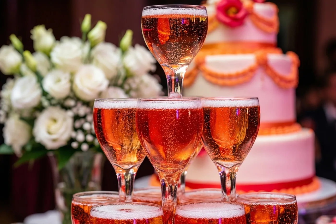 Een champagnetoren schittert in warm licht, met een bruidstaart van meerdere lagen en een boeket witte bloemen op de achtergrond.