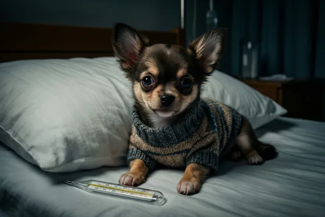 Een kleine chihuahuapuppy in een gebreide trui ligt op een bed naast een thermometer, in een schemerige kamer met gedempte blauwe en grijze tinten.