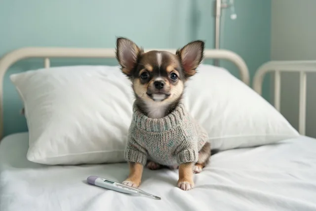 Een kleine chihuahuapuppy met een gebreide trui zit op een wit kussen op een ziekenhuisbed naast een digitale thermometer, in een kamer met lichtblauwe muren.