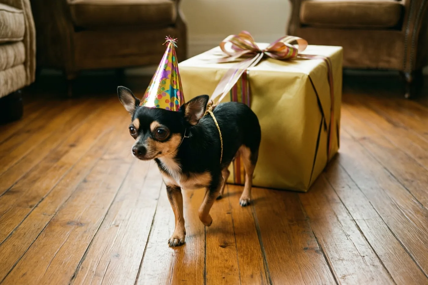 Een kleine zwart-bruine chihuahua met een kleurrijk feesthoedje trekt een grote goudkleurige geschenkdoos met een lint over een houten binnenvloer, met meubels op de achtergrond.