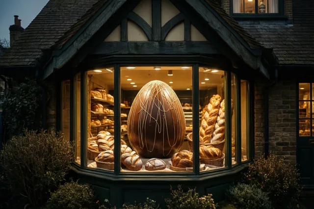 In de warm verlichte erker van een huis met een trapgevel staan een groot chocoladepaasei en verschillende vlechtbroden, met donker metselwerk en dakwerk in de schemering.