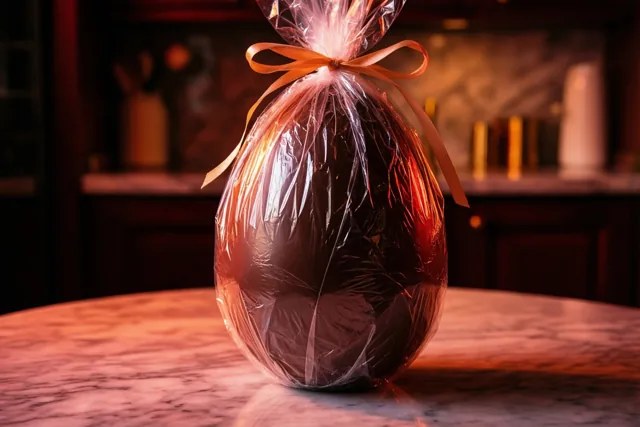Een groot chocoladepaasei in doorzichtig cellofaan met een bruin lint staat op een marmeren werkblad in warm roodoranje licht.