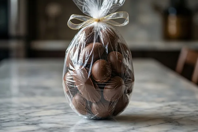 Een groot chocoladepaasei in doorzichtig cellofaan met een goudkleurig lint staat op een marmeren werkblad tegen een wazige achtergrond in zacht licht.