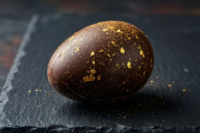 Een paasei van pure chocolade met gouden spikkels ligt op een zwarte leisteen tegen een donkere achtergrond met textuur.