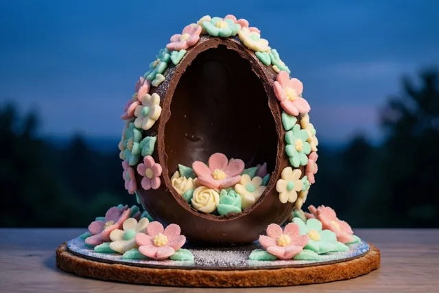 Een reusachtig hol chocolade-ei met kleurrijke suikerbloemen staat op een taartonderlegger tegen een schemerige blauwe hemel met wazige bomen.