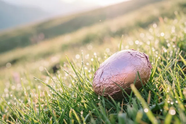 Een in folie verpakt chocolade-ei ligt in felgroen gras met dauwdruppels op een zonnige helling.