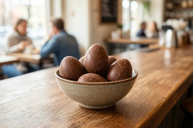 Een keramieken kom vol chocoladepaaseieren staat op een houten cafétoog, met onscherp afgebeelde bezoekers op de achtergrond in warm licht.