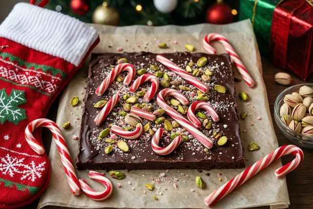 Een vierkante plak zelfgemaakte chocolade met stukjes zuurstok en pistachenoten ligt op bakpapier naast een rode kerstsok, met feestelijke versiering op de achtergrond.
