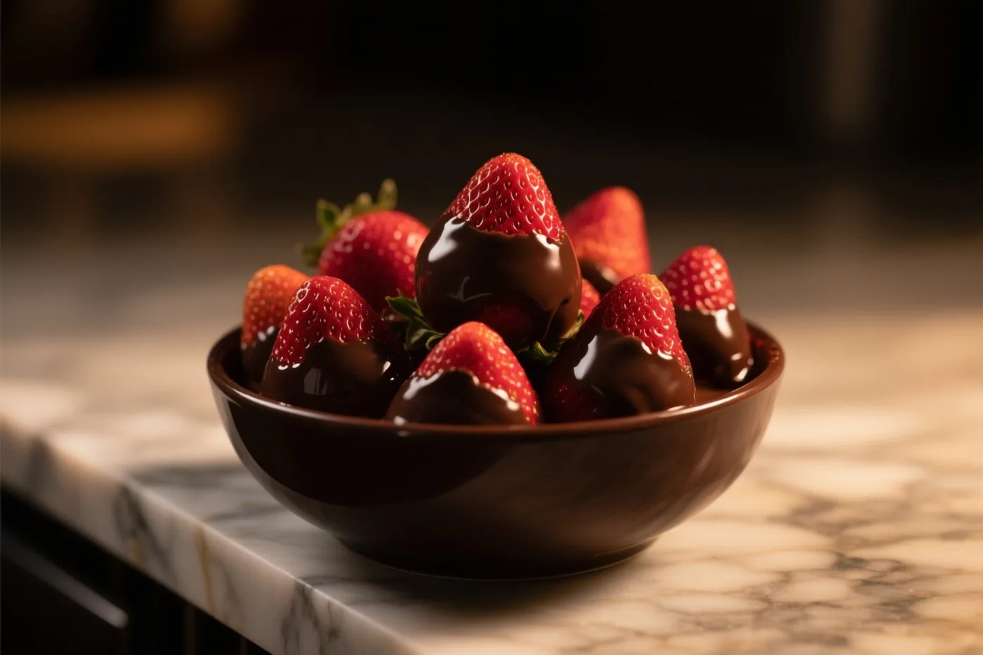 Een donkerbruine kom met aardbeien gedoopt in pure chocolade staat in warm licht op een witgrijs marmeren werkblad.