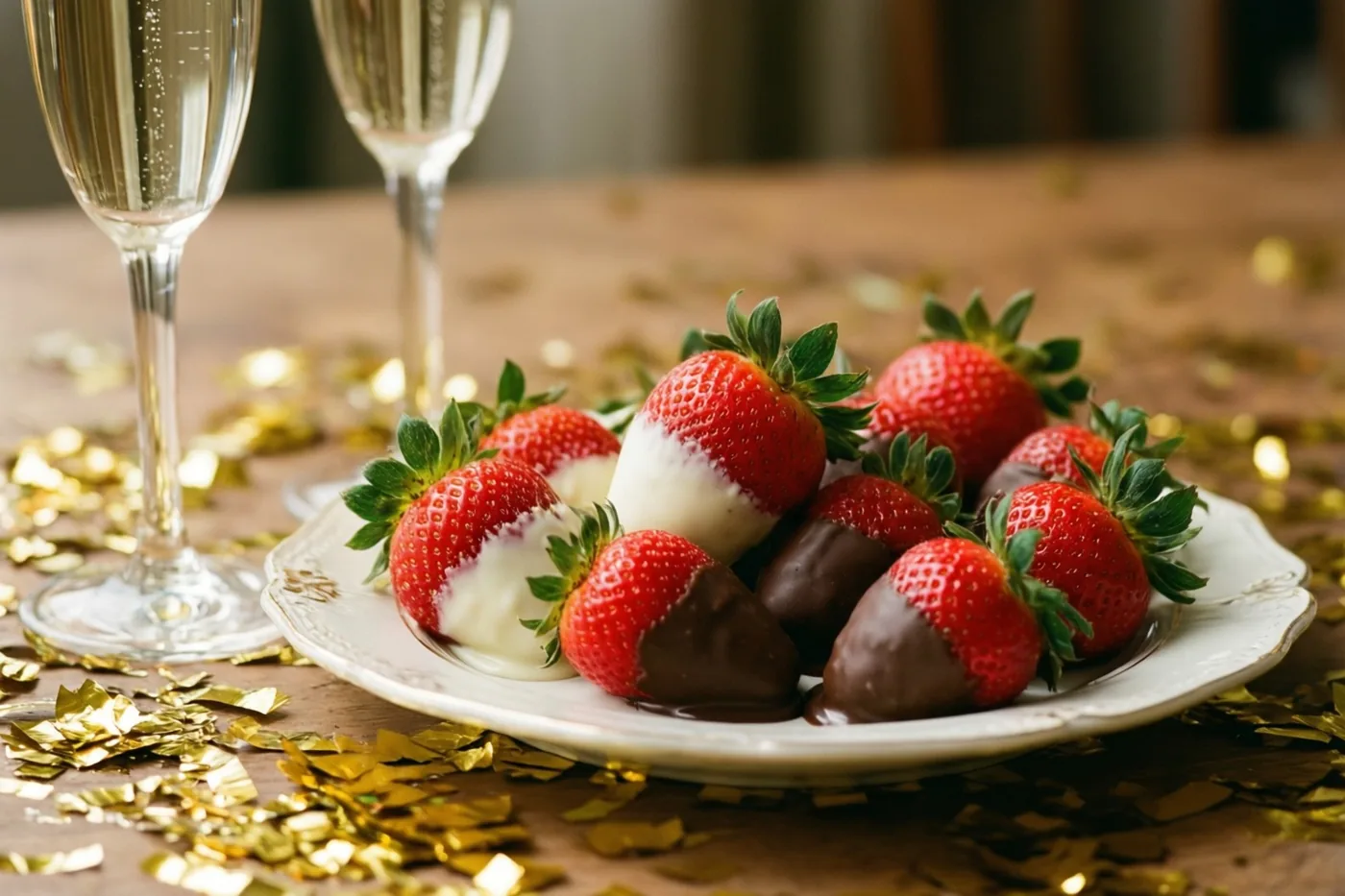 Een bord aardbeien in witte en pure chocolade staat op een houten tafel met gouden confetti naast twee champagnecoupes.