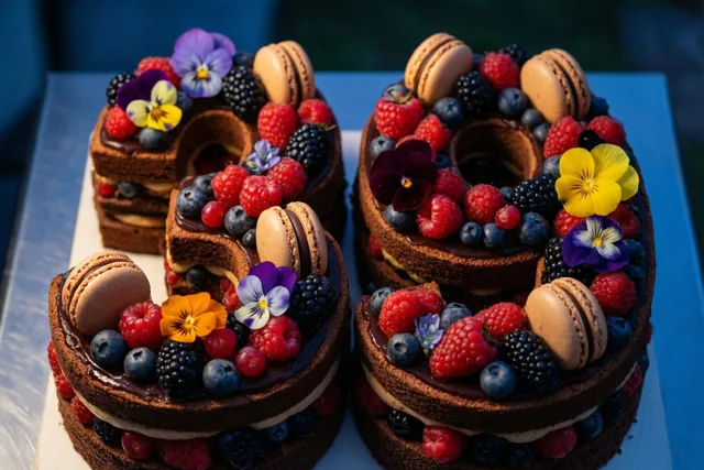 Een chocoladetaart in de vorm van 39 met frambozen, bramen, blauwe bessen, macarons en eetbare bloemen staat op een wit oppervlak tegen een blauwe achtergrond.