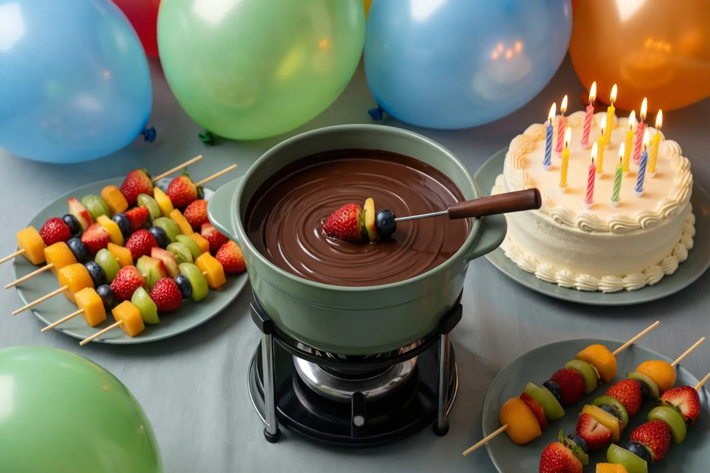 Een pot chocoladefondue met fruitspiesjes staat op tafel naast een verjaardagstaart met brandende kaarsen, omringd door kleurrijke ballonnen in pasteltinten.