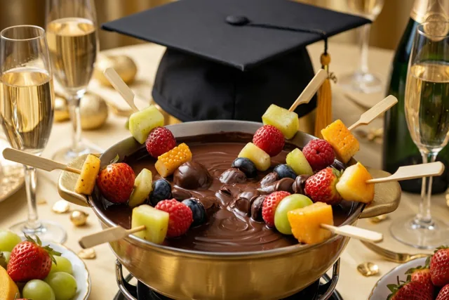 Chocoladefondue met fruitspiesjes staat op een feesttafel met champagneglazen en gouden versiering, met een afstudeerhoedje centraal erachter.