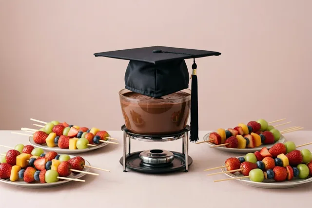 Een pot chocoladefondue met een afstudeerhoedje erop staat tussen borden met fruitspiesjes op een neutraal tafelkleed tegen een zachtroze achtergrond.