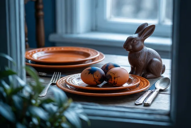 Bruine en oranje keramieken borden, geverfde eieren en een chocoladehaas staan bij een raam, in warme bruine, oranje en gedempt blauwe tinten.