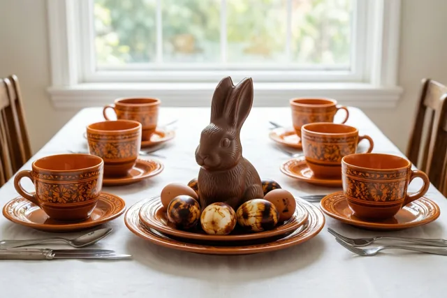 Een chocoladehaas met geverfde eieren staat midden tussen bruine en oranje keramieken kopjes en schoteltjes met patronen, verlicht door daglicht van een raam.