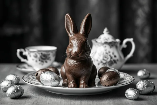 Een chocoladehaasje en verpakte chocolade-eieren liggen op een klein wit bord tussen miniatuuronderdelen van een porseleinen theeservies, tegen een donkere onscherpe achtergrond.