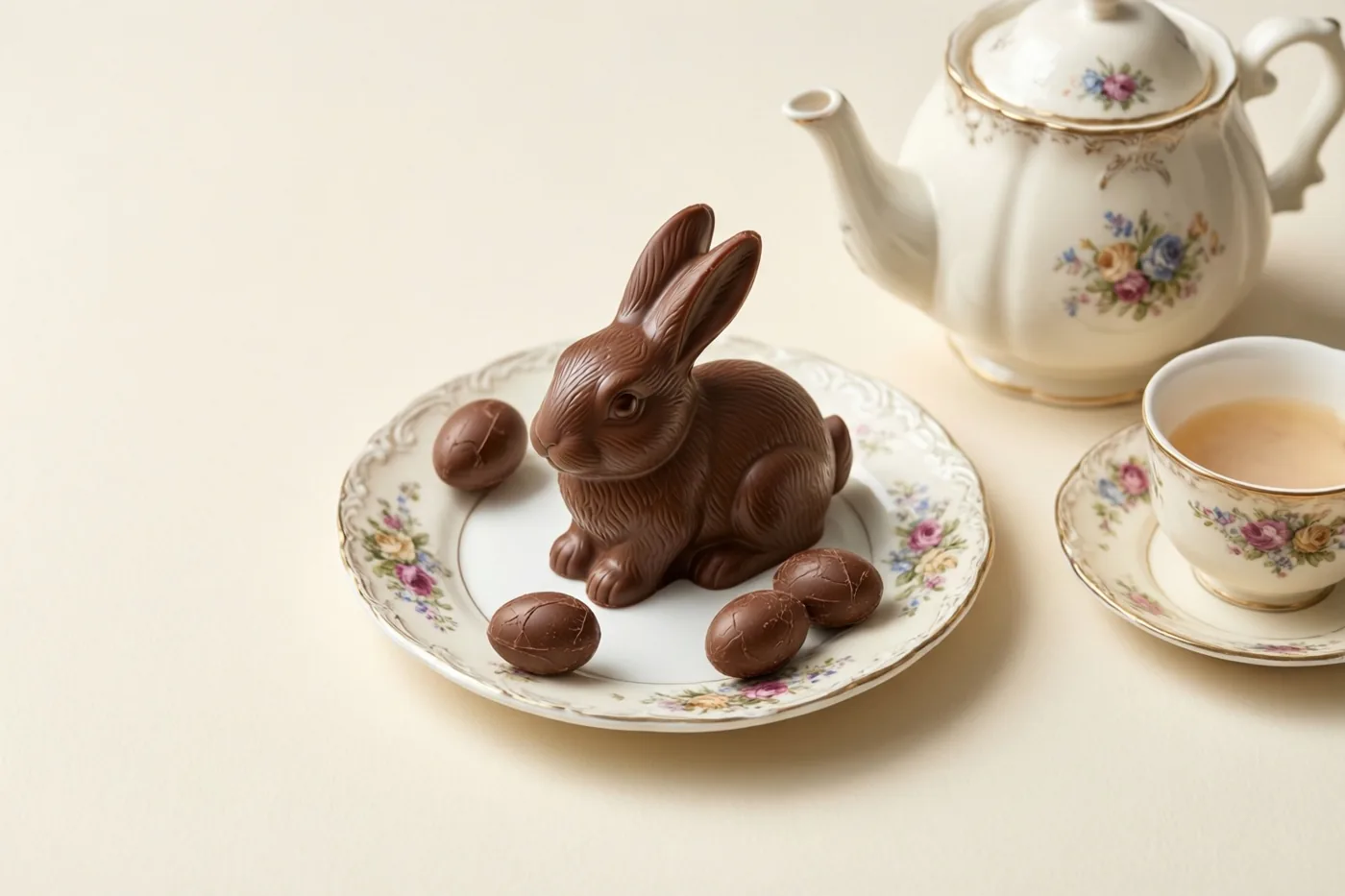 Een chocoladehaasje en kleine chocolade-eieren liggen op een porseleinen bord met bloemenmotief, naast een bijpassende theepot en een kop thee tegen een crèmekleurige achtergrond.