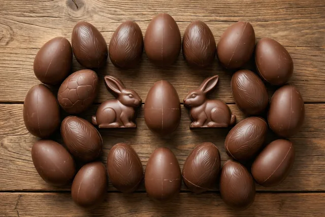 Chocolade-eieren en chocoladehaasjes liggen in een cirkel op een rustieke houten tafel.