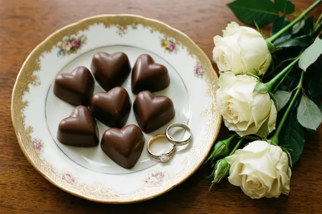 Chocoladehartjes en twee trouwringen liggen op een sierlijk porseleinen bord op hout, met een takje witte rozen ernaast.