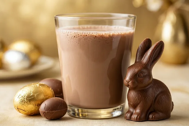 Een glas chocolademelk staat naast een chocoladehaas en chocolade-eieren op een oppervlak met structuur, tegen een warm goudkleurige achtergrond.