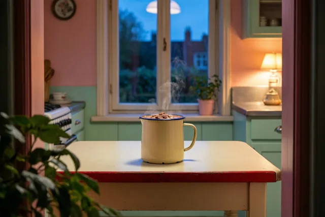Door een deuropening is een keuken met roze en mintgroene muren te zien, met een dampende emaille kan chocolademelk, speculaas en een rode mijter op een jarenvijftigtafel.