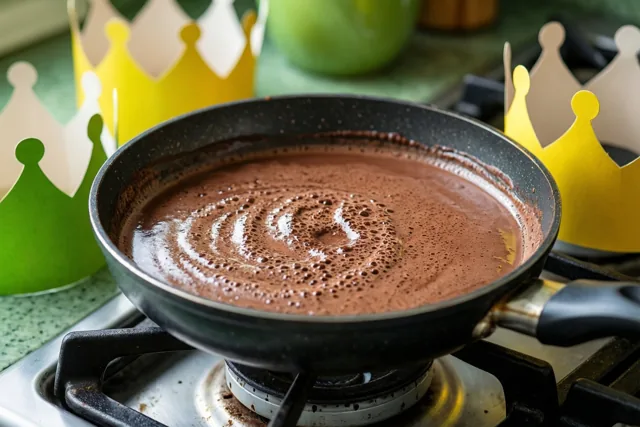 Een zwarte braadpan met borrelende warme chocolademelk staat op een gasvuur, met twee gele en één groene papieren kroon op het aanrecht erachter.