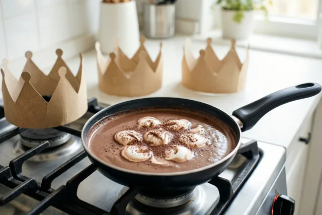 Een zwarte braadpan met warme chocolademelk, marshmallows en cacaopoeder staat op een gasvuur, met drie papieren kronen op het witte aanrecht erachter.