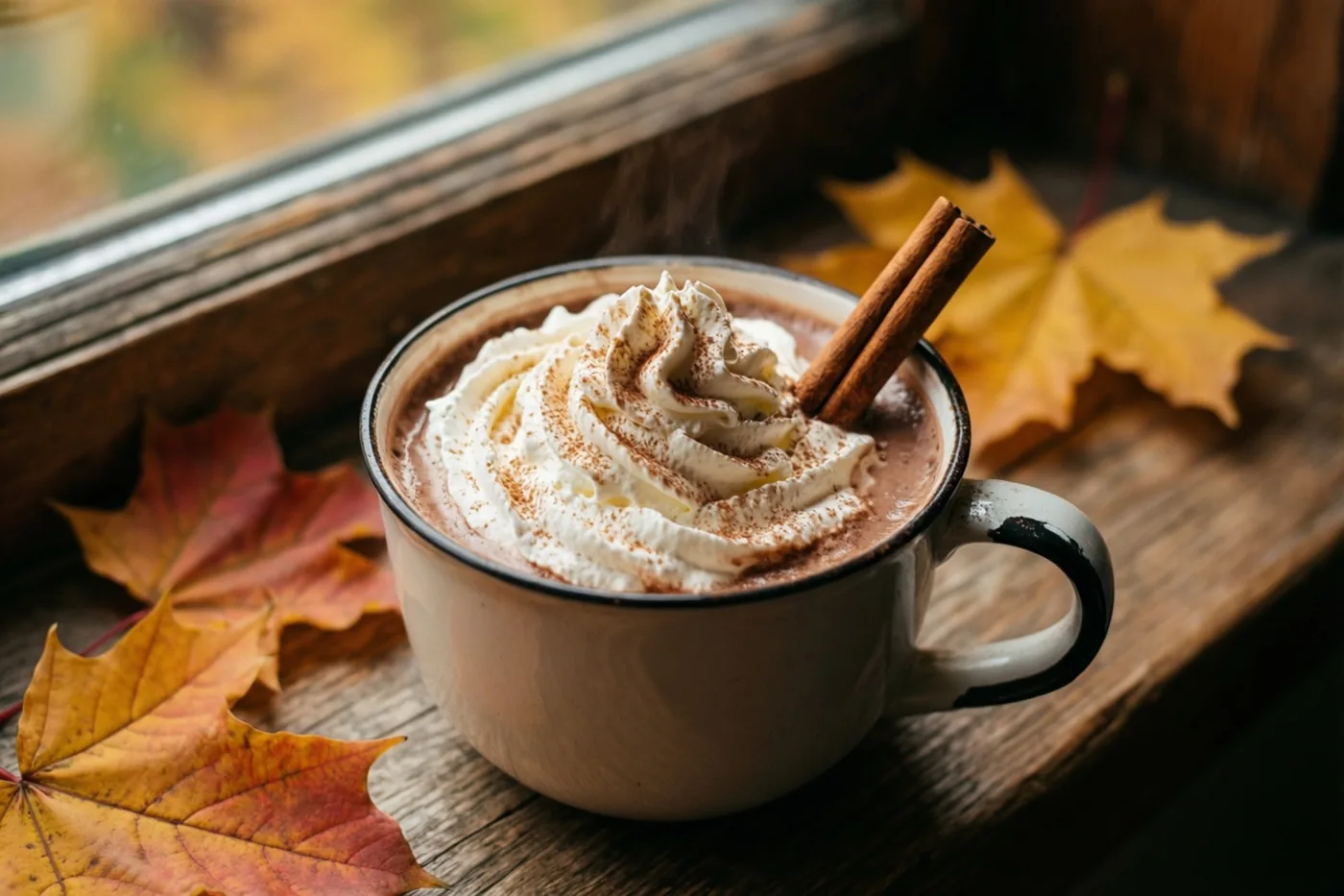 Een mok warme chocolademelk met slagroom en een kaneelstokje staat op een houten vensterbank tussen herfstbladeren in warm licht.