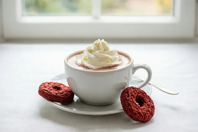 Een witte mok warme chocolademelk met slagroom staat op een schoteltje naast twee redvelvetdonuts, op een wit tafelkleed bij een raam.