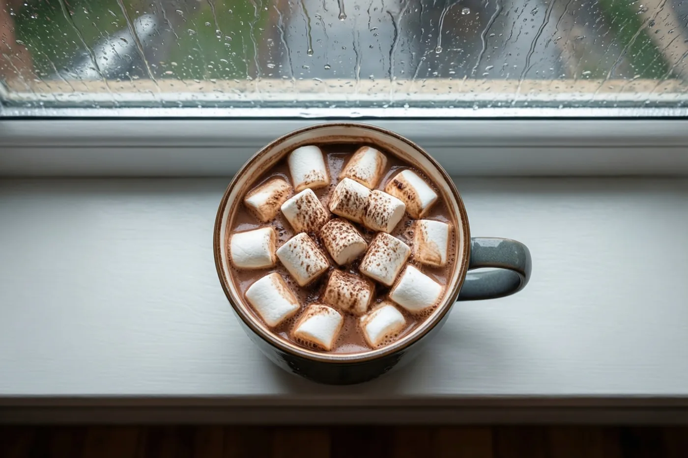 Een grote keramieken mok warme chocolademelk met veel marshmallows staat op een witte vensterbank voor een raam waar regen langs loopt.